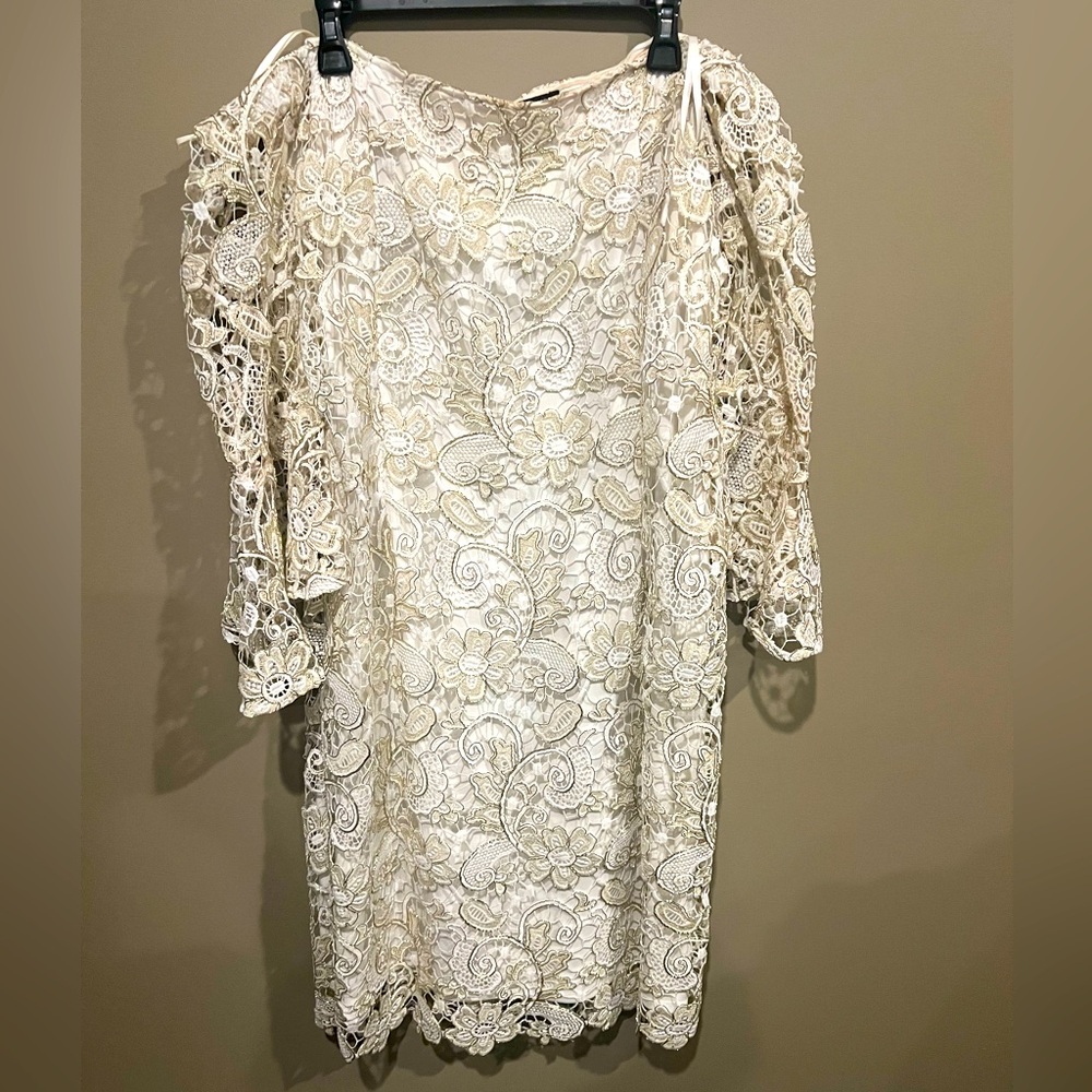 Mariana Lace Dress Cream Gold Off the Shoulder 3/4 Bell Sleeves Lined